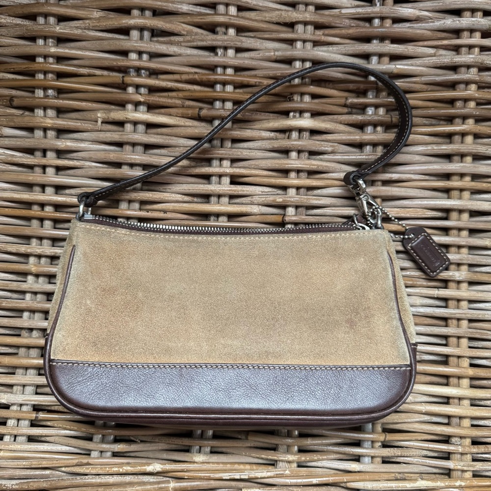 COACH 7753 Hampton Demi Suede Leather Small Shoulder Bag Mini Beige Brown Zip